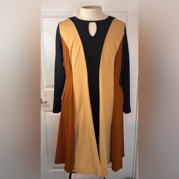 Ashley Stewart Black, Mustard & Rust Colorblock Long Sleeve Dress Size 18/20